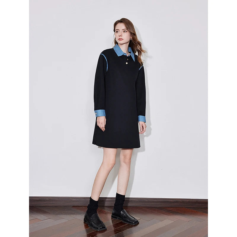 TOYOUTH Women Casual Dress 2024 Autumn Winter New Cowboy Splicing Turn Down Collar Straight Long Sleeve Knee Length Black Dress