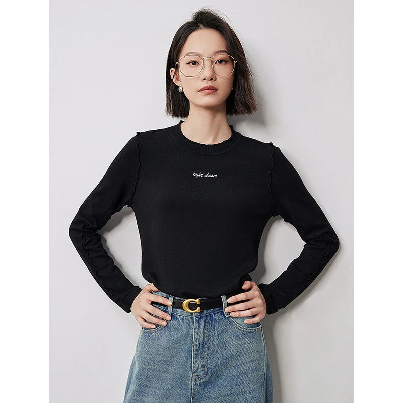 TOYOUTH Women Knitted Sweater 2024 Autumn New Round Neck Wave Edge Letter Embroidery Slim Waist Basic Shirt Tops