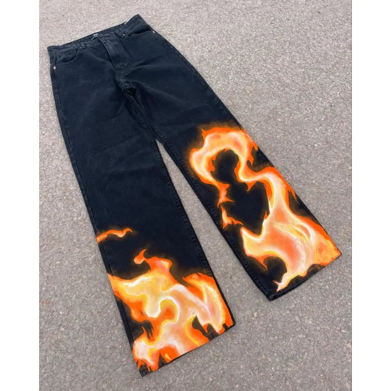 High street geometric flame print graphic punk niche oversized jeans for men American Y2K grunge clothing trendy baggy sweatpant