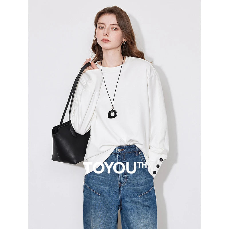 TOYOUTH Women Long Sleeve T-shirt 2024 Autumn Winter New Round Neck Off Shoulder Versatile White Pullover Tops