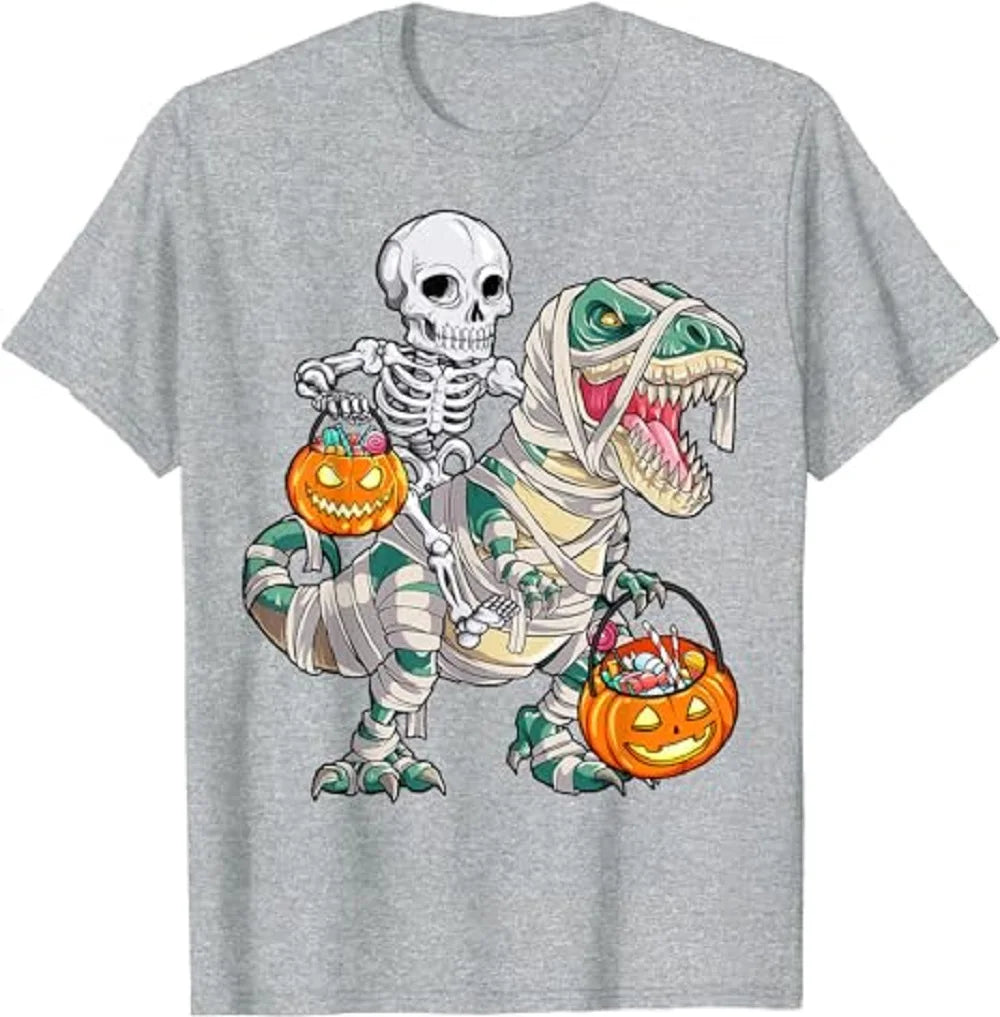 Skeleton Riding Mummy Dinosaur T REX Halloween Funny Pumpkin T-Shirt 80190