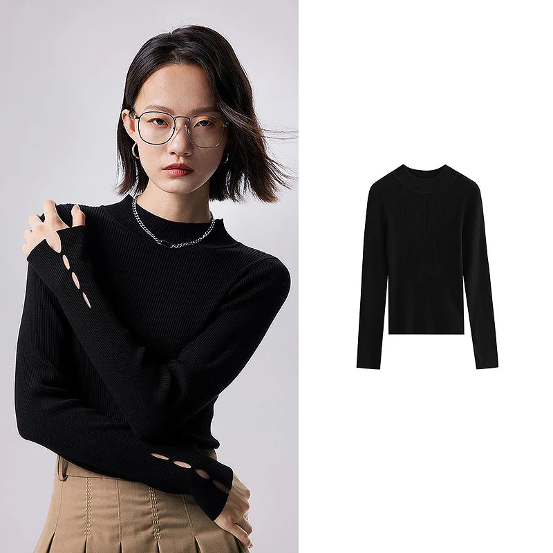 Toyouth Women Knitted Bottom Tees 2023 Autumn Long Sleeves Half High Collar O Neck V Neck Slim Solid Color Versatile Knitwear