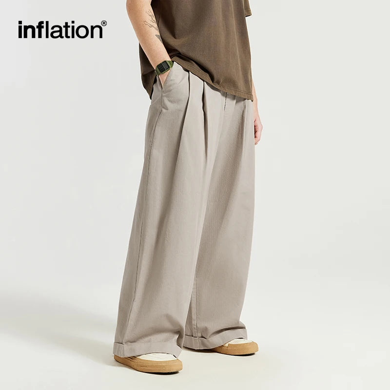 INFLATION Japanese Style Double Pleat Straight Leg Pants Unisex Trendy Casual Trousers