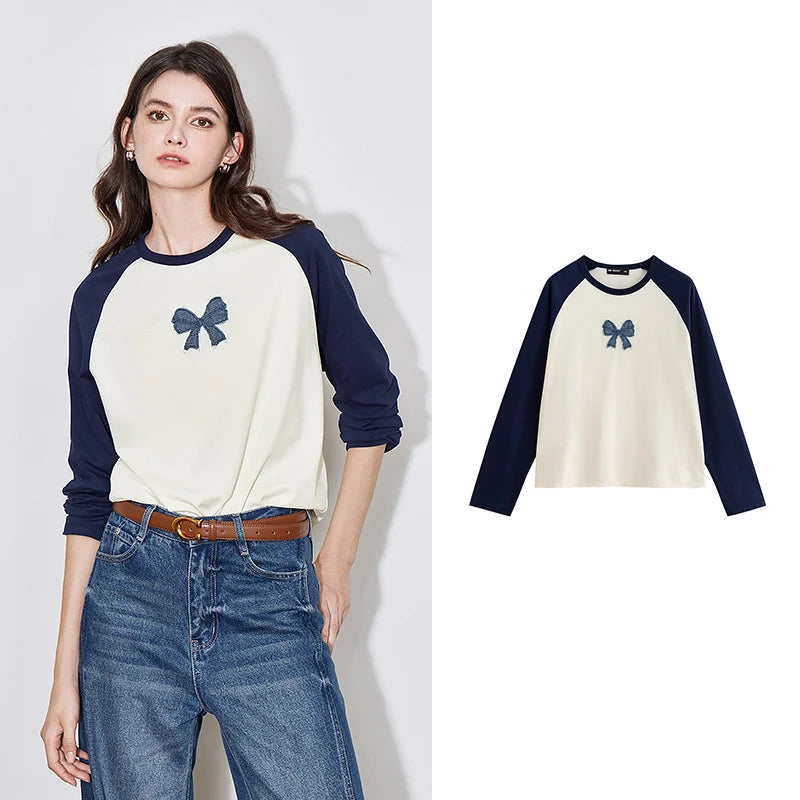 TOYOUTH Women T-shirt 2024 Autumn New Denim Bow Contrasting Color Raglan Sleeve Pullover Casual Tops