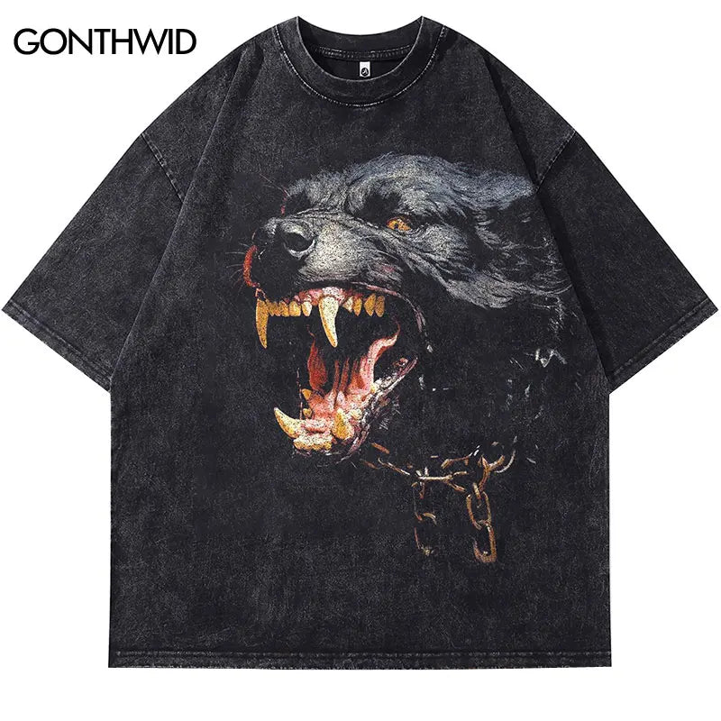 Vintage Black Tshirt Beast Rottweiler Dog Graphic Print Washed T-Shirt Streetwear Hip Hop Punk Gothic Loose 2024 Harajuku Tops