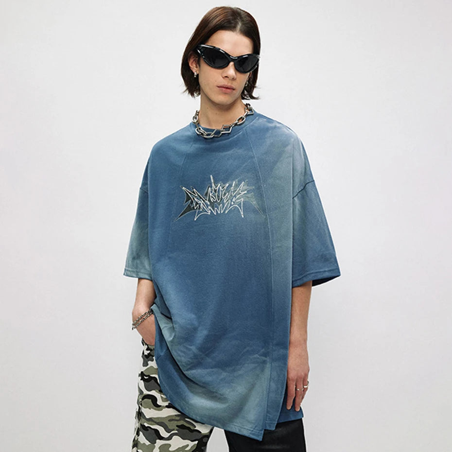 Men Oversized Hip Hop T Shirts Tie Dye Patchwork Loose T Shirt Harajuku Streetwear Short Sleeve Tee Shirt Unisex Y2K Tops