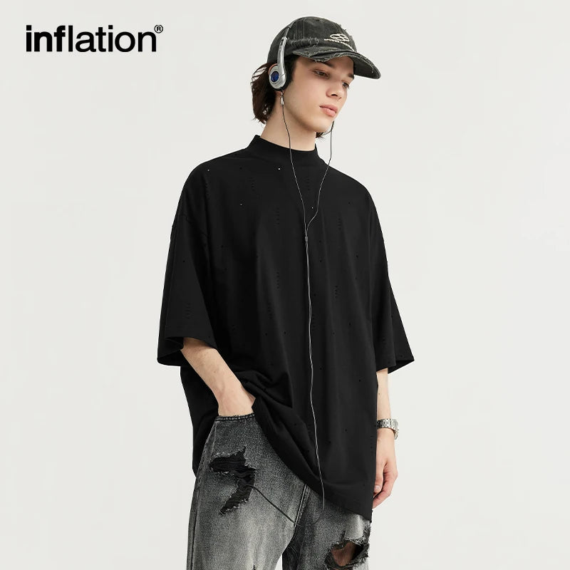 INFLATION Streetwear Ripped Tees Men Heavyweight Mock Neck Oversized Cotton Tshirts