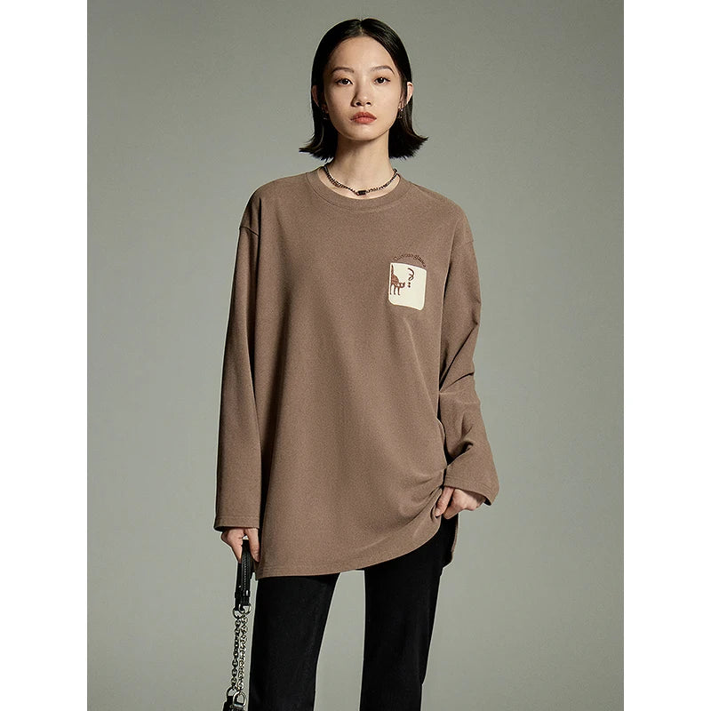 Toyouth Women Mid-length Tees 2024 Winter Long Sleeve Round Neck Loose T-shirt Embroidery Fashion Casual Oversized Warm Tops