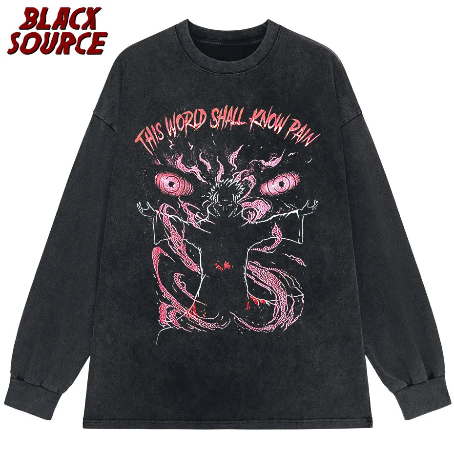black source Anime Pain Printed T Shirt Men Retro Washed 100% Cotton Tops Tees Harajuku Tshirt Streetwear Hip Hop Male T-shirts