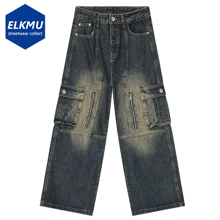 Men Vintage Baggy Jeans Blue Loose Straight Denim Pants Multi Pocket Retro Blue Jeans Trousers Male