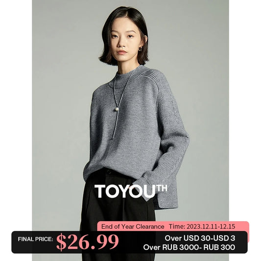 Toyouth Women Sweater 2024 Winter Long Sleeve Half High Collar Loose Knitwear Irregular Hem Comfortable Arctic Velvet Chic Tops