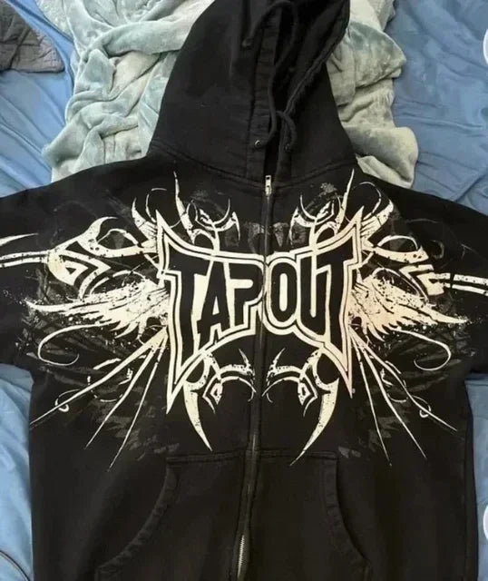 Retro Tapout Hip Hop Letter Zipper Hoodie Y2K Sweatshirt Women Mens Graphic Print Oversized Hoodie Jacket Clothes Streetwear