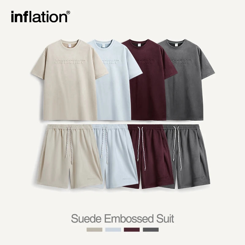 INFLATION Summer Oversized Tracksuit Set Unisex Suede Fabric Embossed T-shirts and Shorts Set