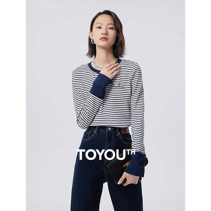 Toyouth Women Striped Tees 2024 Autumn Long Sleeve Round Neck Slim Stretch T-shirt Navy White Stripe Embroidery Casual Tops