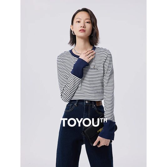 Toyouth Women Striped Tees 2024 Autumn Long Sleeve Round Neck Slim Stretch T-shirt Navy White Stripe Embroidery Casual Tops