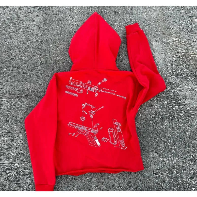 High Street Hip Hop Letter Gun Pattern Printed Oversized Hoodies for Women 2024 New Aesthetic Fashion Casual Couple Sweatshirts