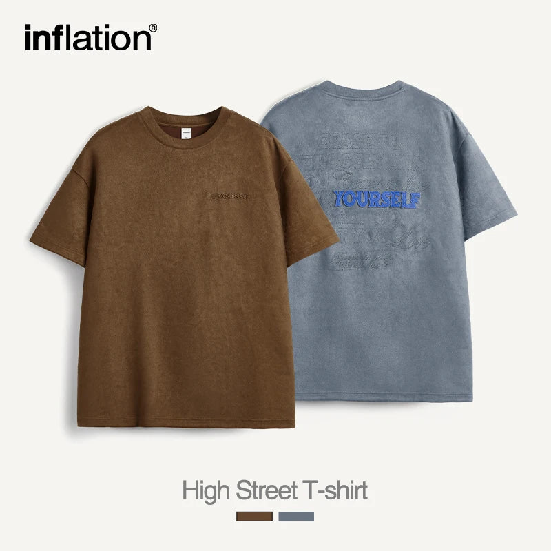 INFLATION Suede Fabric Half Sleeved Tshirt Men Embroidery Oversized Tees Unisex Tops