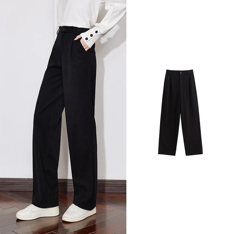 TOYOUTH Women Casual Pants 2024 Autumn and Winter New Mid Waist Workwear Style Straight Woolen Pants