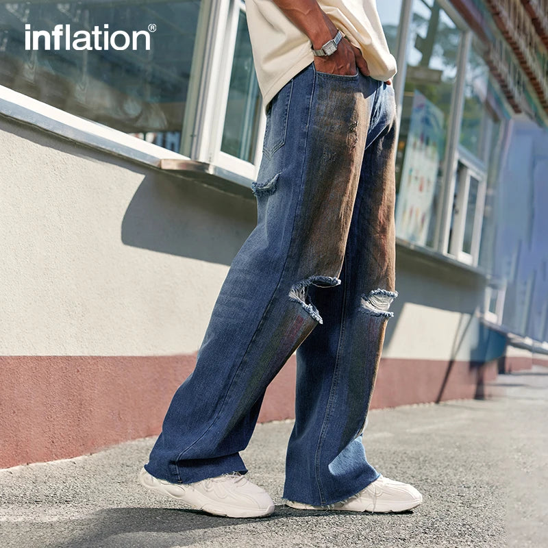 INFLATION Faded Effect Wide Leg Denim Pants Men Streetwear Distressed Loose Fit Ripped Jeans