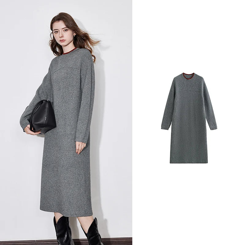 TOYOUTH Women Skirt 2024 Autumn and Winter Elegant Style Contrasting Color Woolen Straight Knitted Dress Gray