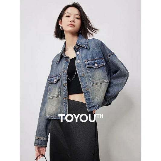 TOYOUTH Women Denim Jacket 2024 Autumn New Turn Down Collar Single Breasted Button Short Jacket