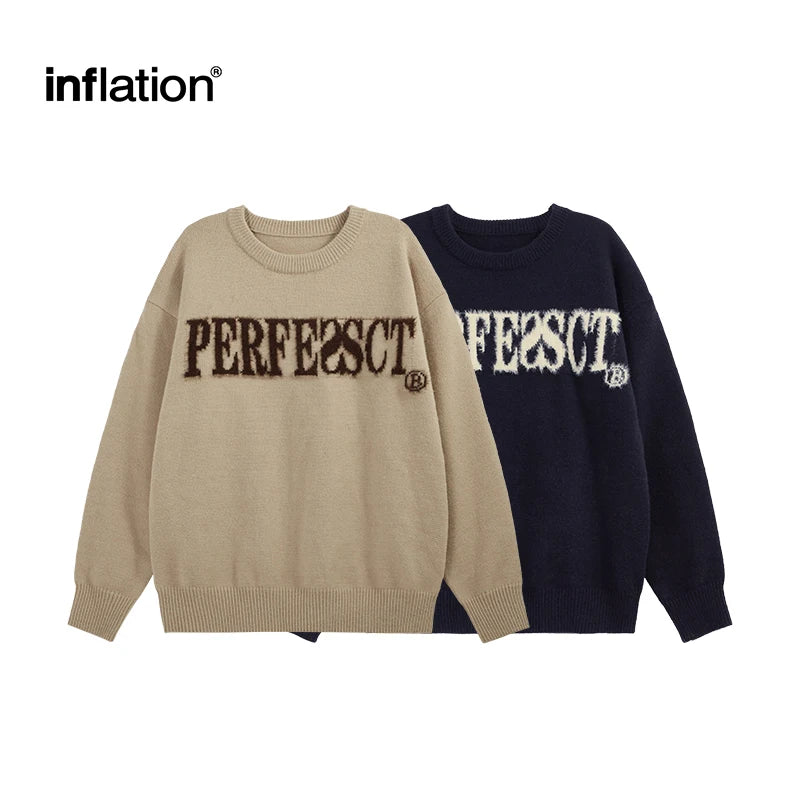 INFLATION Unisex American Letter Jacquard Sweater Pullover Trendy Streetwear Loose Knitted Sweater