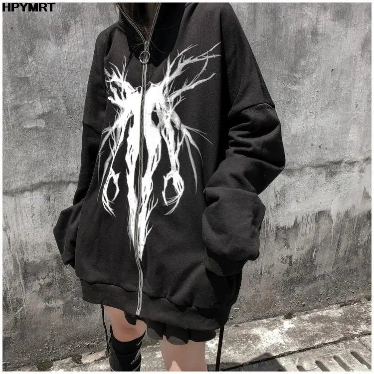 Men Punk Pattern Printed Zipper Ribbon Hooded Sweatshirt Jacket Hip Hop Casual Oversized Hoodies Coat Streetwear Autumn Couples