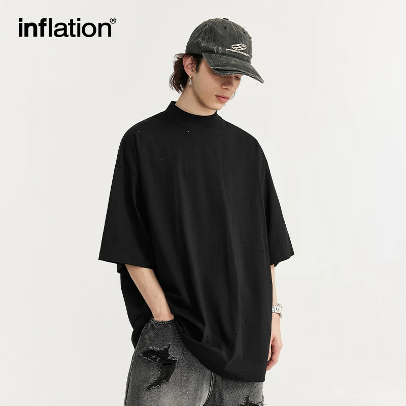 INFLATION Streetwear Ripped Tees Men Heavyweight Mock Neck Oversized Cotton Tshirts