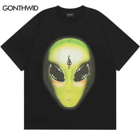 Men Oversized T-Shirt Streetwear Alien Graphic Print Tshirt Hip Hop Loose Cotton Shirts 2024 Harajuku Casual Summer Tops Tee