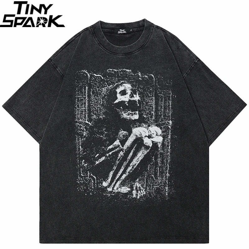 Hip Hop Streetwear 2024 Men T-Shirt Oversized Vintage Skull Graphic T Shirt Retro Washed Black Tshirt Cotton Unisex Tops Tees