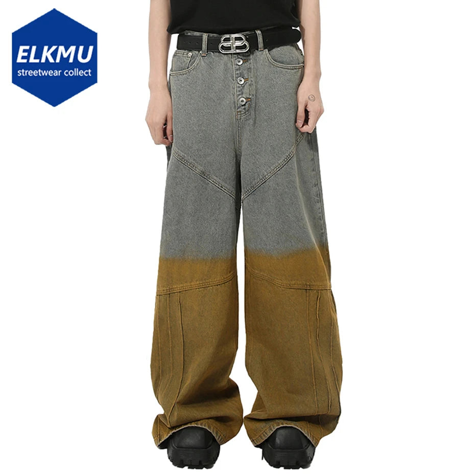 Wide Leg Baggy Jeans Patchwork Designer Men Blue Loose Denim Pants 2024 New Fashion Jeans Trousers