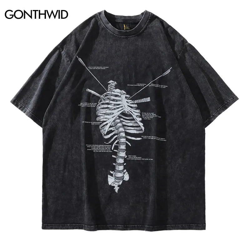 Distressed Oversize Tshirt Streetwear Hip Hop Vintage Skeleton Skull Print Punk Gothic T-Shirt Harajuku Casual Loose Tee Shirts