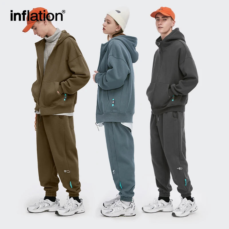 INFLATION Zip Up Hoodies Set Men Oversized Two Pieces Set Winter Thick Fleece Casual Tracksuit Couple Zipper Sweatsuit