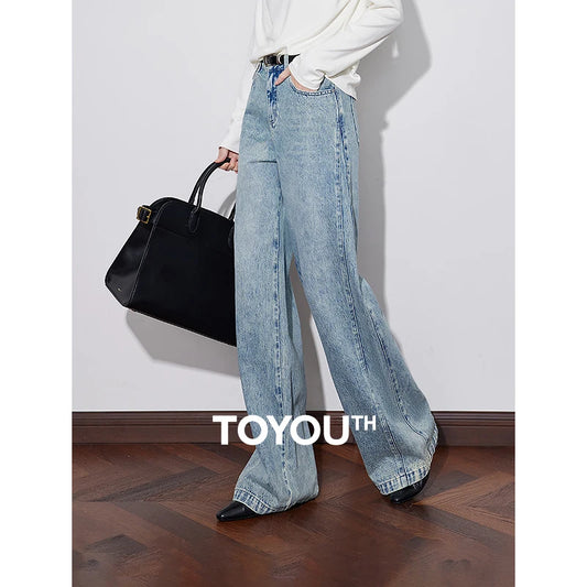 TOYOUTH Women Denim Jeans 2024 Autumn Winter New Mide Waist Straight Wide Leg Long Pants