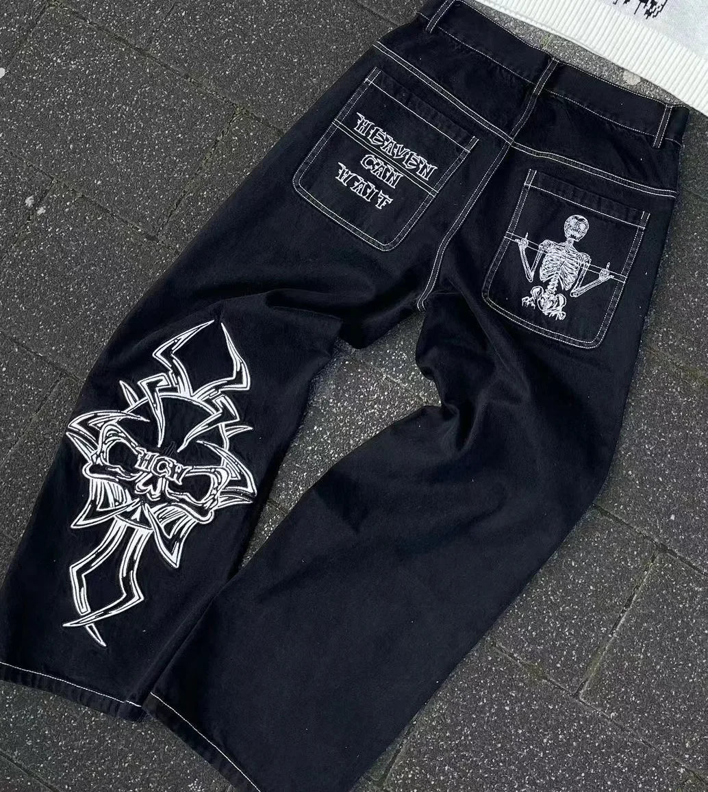 Japanese black high-waisted jeans oversized personality white cat print jeans for men and women Harajuku Y2K punk wide-leg pants