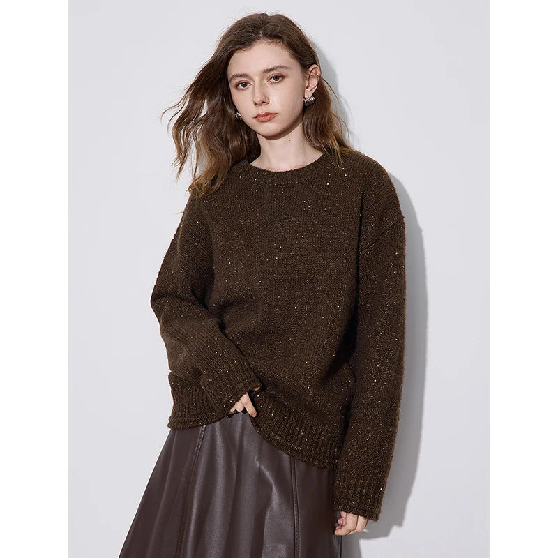 TOYOUTH Women Sweater 2024 Autumn Winter New Bead Sparkling Round Neck Camel Velvet Knitted Pullover Sweater