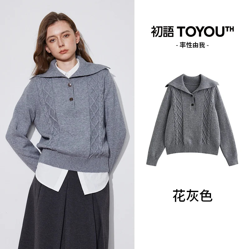 TOYOUTH Women Knitted Sweater 2024 Autumn Winter New Vintage Turn Down Collar Long Sleeve Sports Woolen Pullover Tops Grey