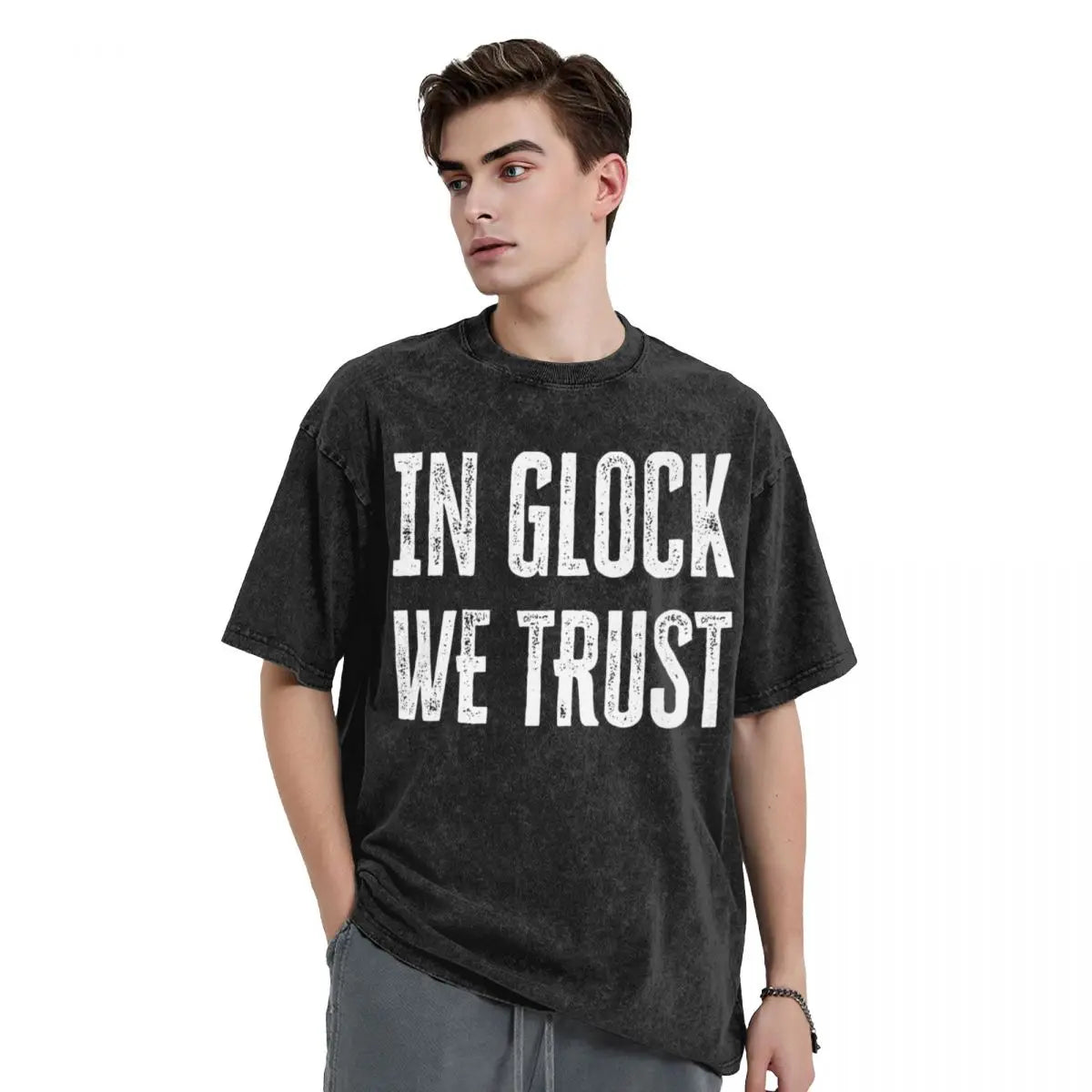 Washed T Shirts In Glock We Trust Weapon Gun T-Shirts Harajuku Streetwear Cotton Summer Tops for Men Women Tee Shirt