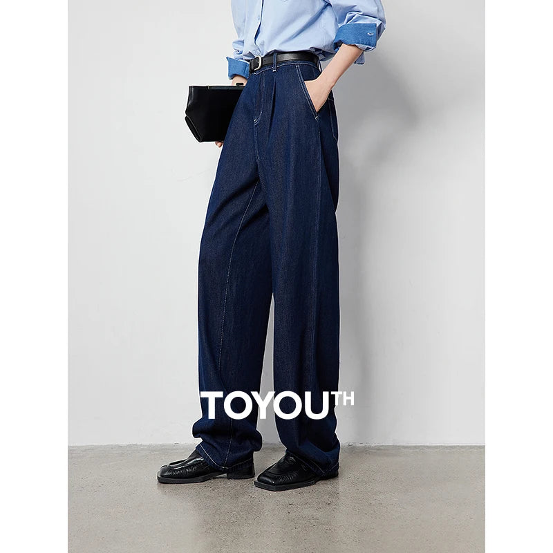 TOYOUTH Women Denim Jeans 2024 Autumn New Wide Leg Straight High Waist Washed Towing Long Pants