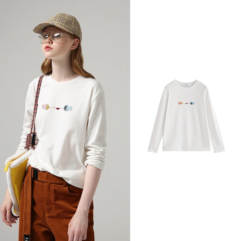 Toyouth Women Tees 2024 Autumn Long Sleeve Round Neck Loose T-shirt Fish Heart Embroidery Casual Versatile Basic White Tops