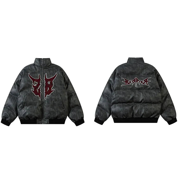 2024 Men Streetwear Vintage PU Leather Jacket Parka Flame Letter Embroidery Harajuku Padded Jacket Cotton Windbreaker Warm Thick