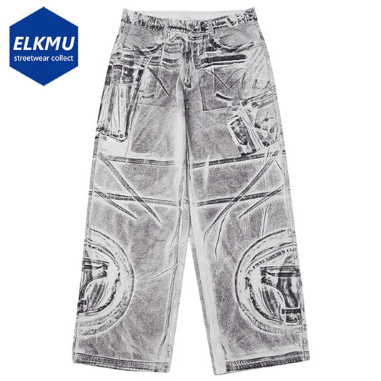 White Baggy Jeans Patchwork Graphic Printed Loose Denim Pants Men Streetwear Hip Hop Jeans