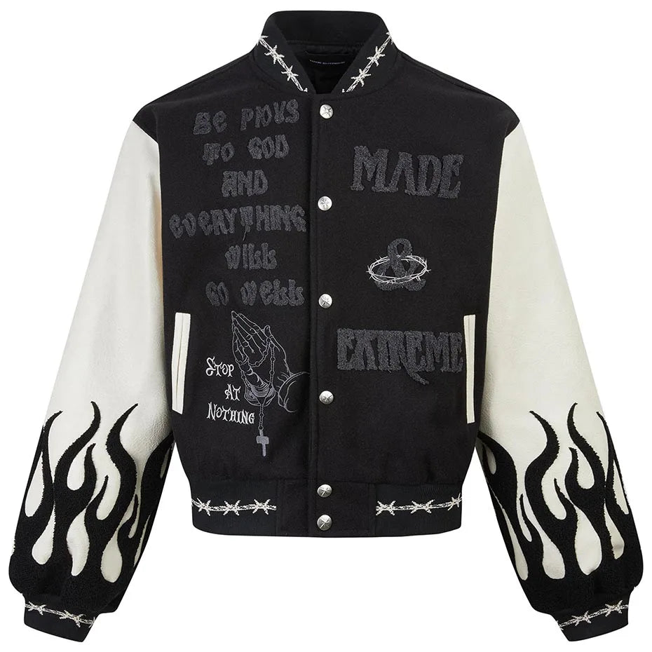 Jesus Embroidery Bomber Jacket Letter Patchwork Jacket Men Harajuku Hip Hop Streetwear Varsity Jackets Black Loose Outerwear Y2K