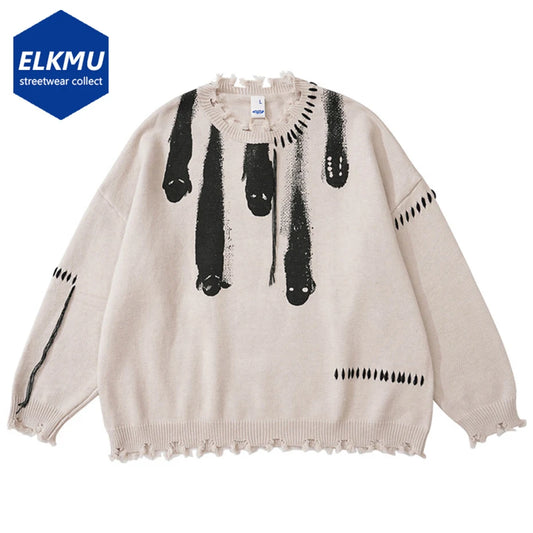 Hip Hop Sweaters Streetwear Y2K Grunge Ripped Ghost Print Punk Gothic Knitted Jumpers Autumn Harajuku Casual Pullover Sweaters