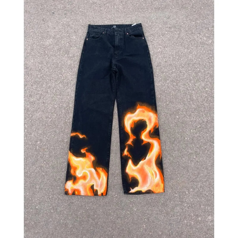 High street geometric flame print graphic punk niche oversized jeans for men American Y2K grunge clothing trendy baggy sweatpant