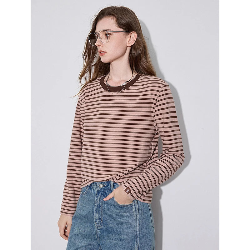 TOYOUTH Women Undercover 2024 Autumn Winter New Vintage Striped Round Neck Long Sleeve Warm T-shirt