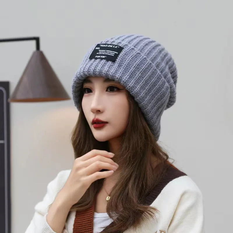 Big Head Circumference, Thick Woolen Hat, Women's Autumn and Winter Loose Warm Pile Cold Hat, Big Face, Small Face, Knitted