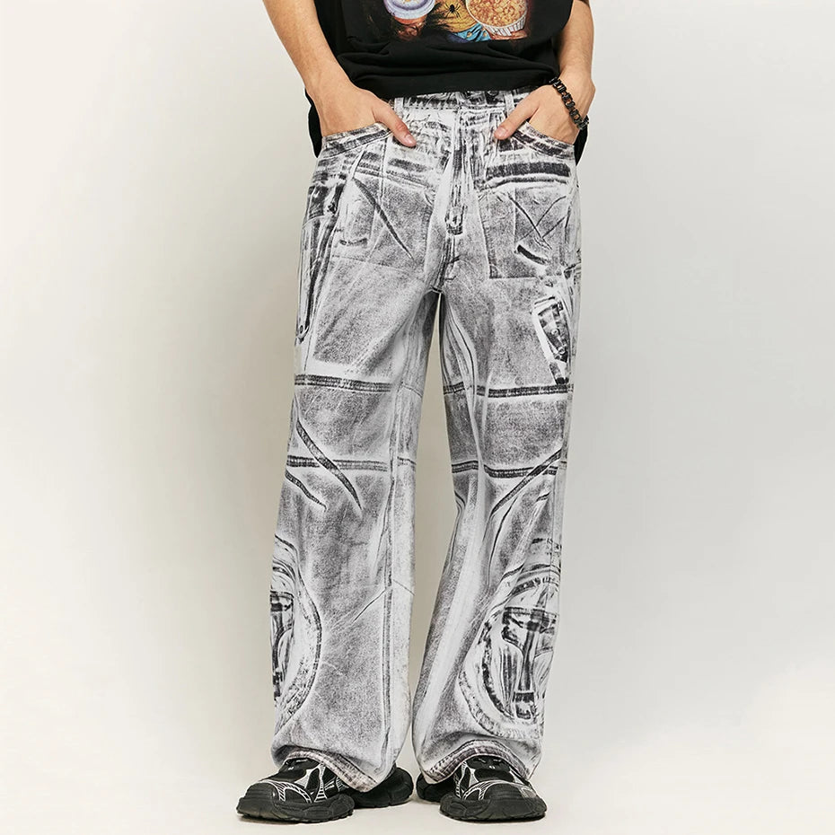 White Baggy Jeans Patchwork Graphic Printed Loose Denim Pants Men Streetwear Hip Hop Jeans