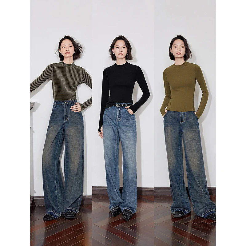 TOYOUTH Women Long Sleeve T-shirt 2024 Winter New Mousse Style Imitation Wool Warm Turtleneck Collar Bottoming Tops