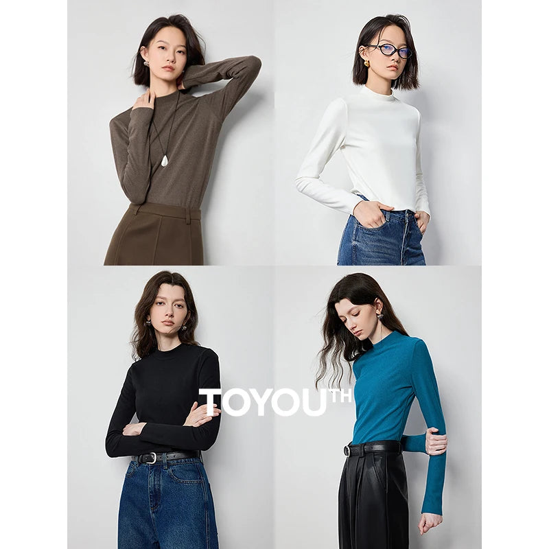 TOYOUTH Women T shirt 2024 Autumn Winter German Velvet High Collar Bottom Shirt Long Sleeve Slim Fit Light Warm Tops